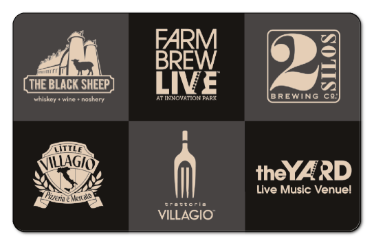 black sheep logo, farm brew live logo, 2 silos logo, little villagio logo, villagio logo, the yard logo, over dark checker pa