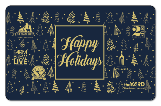 'happy holiday' in center over tree patter with farm brew logo, the black sheep logo, little villagio logo, 2 silo logo, vill